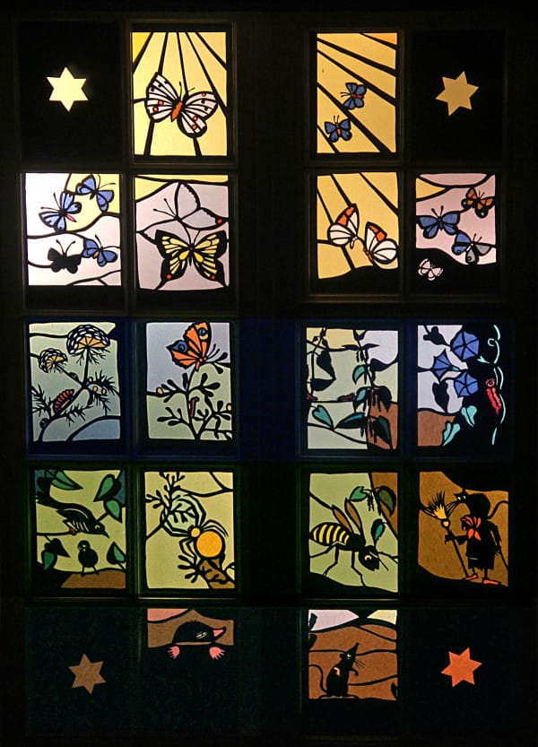 In dem beleuchteten Fenster lassen sich viele Schmetterlinge finden.