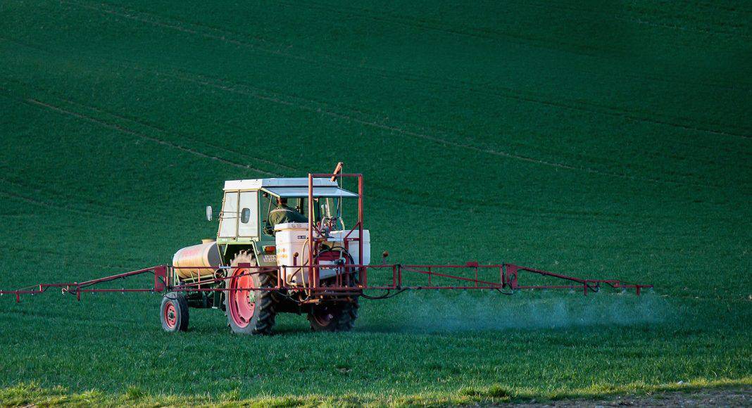 Ein Traktor fährt über den Acker und spritzt Pestizide.