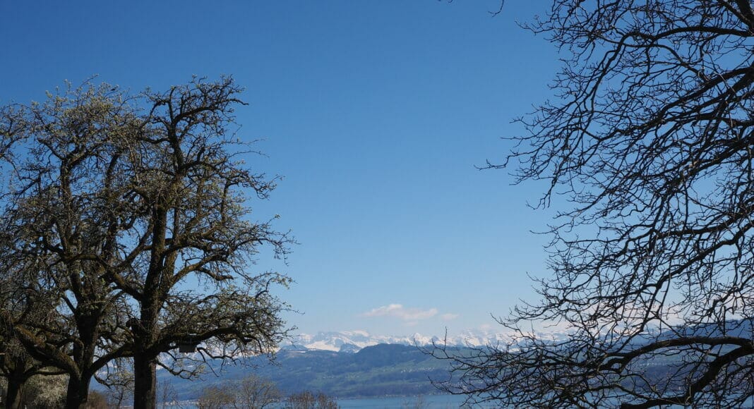 Blick auf die Alpen auf dem Panoramaweg Pfannenstil